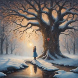 acrylic painting of a young couple kissing centered under an impressive, frosted remarkable old oak tree, while glowing hearts rain down on them from the oak tree. In a beautiful winter landscape by a stream, very detailed, in the style of atmospheric tonalism. Elegant, intricate, 4k, mood lighting, a gravelled forest path leads through the countryside surrounded by snow-dusted ferns, mosses and tendrils. oil on panel, contemporary impressionism