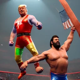 Realistic image of Donald trump wrestler, Mexican wrestling style, eye line, red and blue breeches, glow us flag dress, suspenders, retro style, 80s, vibrant color, highly detailed, clean background, concept art, unreal engine 5, god rays, ray tracing, RTX, lumen lighting, ultra detail, volumetric lighting, 3d, finely drawn, high definition, high resolution.