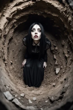 Closeup tall Girl goth with big eyes, ragged clothes, fullbody, crushed inside, claustrophobic, the perspective looking up from the bottom of an empty well , 8k,macro photography,