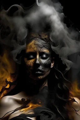 Double-masking photography, an angry goddess formed from the smoke of a 2005 dodge ram slt cummins pickup truck, goddess Earth crying, from the smoke exits a 2005 dodge ram slt cummins pickup truck , black smoke, fire, acid rain, by Dan Mountford, by Dan Hillier, negative space, intricate details, photo illustration, 100 mm lens, cinematic scenes, ink art, blink-and-you-miss-it detail