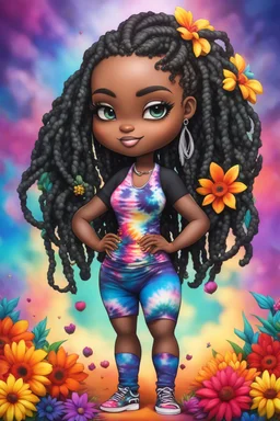 Create an airbrush image of a chibi black curvy female wearing a tie dye yoga outfit. Prominent make up with hazel eyes. Highly detail asymmetrical dread locs. background of colorful large flowers 2k