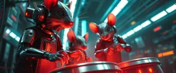 cyberpunk imagery synchronized mechanical rat drumming flickering stable core