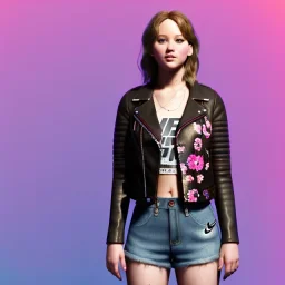 Jennifer lawrence toddler, full body, leather jacket, floral shirt, floral skirt, Nike sneaker, soft skin, city background, dramatic lighting, hyper realistic