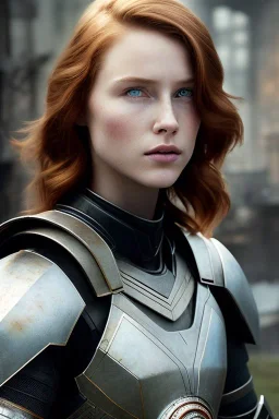 ultrarealistic, ruined city,__sci-fi armor__, __angles__, 18 year old woman, strikingly beautiful, ginger hair, _colour_, [__starlets__|__starlets__], (pale __skincolor__ skin:1.2), __camera__, _hair_, detailed face and eyes, medium breasts, leather choker, freckles, dynamic pose, resolved expression, __accessory__, strappy outfit, (straps:1.1), sword in scabard on left hip, (buckles, buttons, snaps, rings:1.0), haltertop style breastplate, detailed eyes, plump lips, sci-fi theme