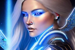 A beautiful portrait of a cute smiling cyber woman with wings, long blond platinum hair, luminous blue eyes, high key lighting, volumetric light high details with blue and white stripes white luminous celtic paterns, beam starry background