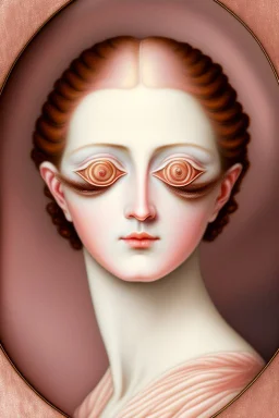 Set in rose-gold, mesmerizing—and bizarre is a Lovers Eye, Part-portrait, part-jewel, the miniature portraiture of a single eye of a beloved, painted with watercolor on ivory,18th century style, the beloved's eye floats uncannily against a monochromatic background. No other facial features anchored it, except an eyebrow. All focus on the composition’s core of a dark iris gazes ardently from behind a soft, love-drunk lid. Lovers eye portraiture, romantic, realism, Victorian, surrounded by blue ve