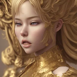 portrait hitomi tanaka, dress valkyrie, statue golden, intricate, octane render, highly detailed, highly realistic, cinamatic, deep colours,8k