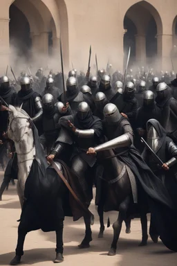 Make me a picture of a group of Muslim knights, assassinating many people, dressed in black