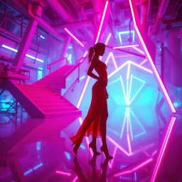 An ethereal fashion shot featuring a bold red silhouette against a complex futuristic architectural backdrop. Soft purple and blue ambient light fills the space, creating a serene yet high-tech mood. The model's graceful pose contrasts with the sharp, geometric neon structures. Dreamlike atmosphere with soft-focus reflections on a mirrored floor.