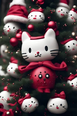 Closeup tall Christmas tree but with hello kitty heads as decorations, 8k, by <John Kenn Mortensen>, darkred tones,