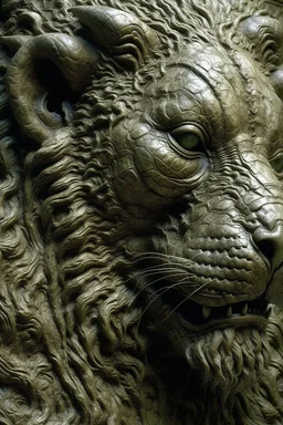 sculpture of lion , detailed texture, surreal , by hr giger and beksinski
