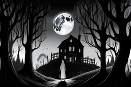 scene, horizontal black and white, forest fog, superbig full moon, moon is a center of image, tim burton character, woman wiht cape and hood, woman stand up on spiral rock, face woman sad, super big eyes, circles eyes, background old house, high house many rooms