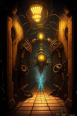 A steampunk dungeon hallway with a twisted clockwork robot rpg cover art