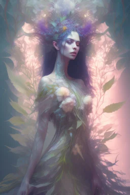 Full view portrait mystical ethereal herbs goddess wearing a beautiful dress, herbs dryad soft lighting fantasy 4k digital masterpiece by Anna dittman and Ruan Jia and Alberto seveso ultrarealistic hyperdetailed hemp background featured on artstation in candlelight