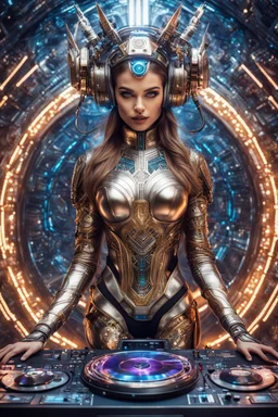 photography front view of super model Russian beautiful woman as dj player,headphones ,dressing mech in transformative style, his metallic skin gleaming with intricate textures and intricate details, captured in an ultra-realistic style that blurs the lines between reality and imagination,cosmic spaceship background