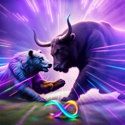 brightly coloured 3D infinity symbol ∞, bull with horns on right fighting with a bear on left, bull is winning, DSLR with a 80mm lens f/16 and a slow shutter speed of 1/15s, realistic photograph, striking, neon, vibrant, chiaroscuro, dramatic, captivating, high-tech, powerful, fantasy, beautiful, octane render, 16k post-production, award-winning photo: atmospheric: commanding: clarity: ultra quality: striking: brilliance: stunning colors: amazing depth