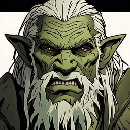 Create an image of an elderly half-orc with a somber look and a face reminiscent of George Clooney. He has a greenish skin tone, prominent teeth, large fangs, and non-pointy ears. His face is marked with scars, and he has dark, piercing eyes that reflect a history of unimaginable horrors. He has white dreadlocks for hair, adding to his aged and wise appearance