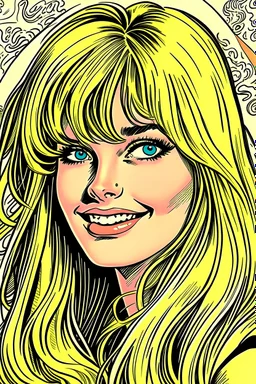 ”19-year-old blonde woman” by Neal Adams, 35mm, F/2.8, character, hypermaximalist, happy, beautiful, American, "long hairstyle curtain bangs", appealing, attractive, supermodel, hyper-realistic, super detailed, popular on Flickr, "comic book filter"