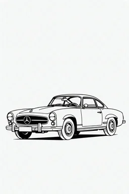 minimalist line art, mercedes, vintage, against stark white background, thick ink outlines, 3D view, no shading, black and white, full size, sports car, passenger side