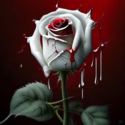 A white rose bleeding red blood from its stem