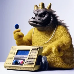 Godzilla as a pharaoh muppet kawaii calling phone using a cellphone nokia, studio photo. Magazine 1980