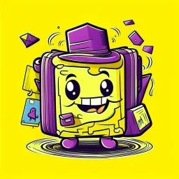 Social Media Design A yellow suitcase has eyes, a mouth, eyes, hands and legs, a cute smiley, wearing a black hat and carrying a passport. Comic shape. . A simple purple background. Give me the image with the best automated atmosphere. Sinai. Darmi. comic