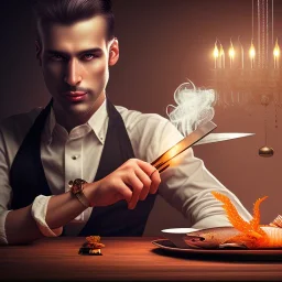 up close portrait of handsome man with smoking and another chef in front dark wooden wall, fish in chandelier, shiny fork and knifes on dinner table with cloth, fantasy art book cover