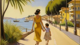 cote d'azur mother and child walking hand in hand from the back painting neoclassism 60