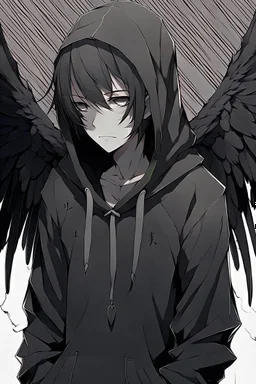 Anime man with black wings, wearing a hoodie