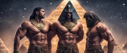 Hyper realistic shirtless muscular handsome male pharaohs hugging & a pyramid behind at snowfall night