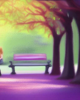 park mystical dream, park bench, man, woman, child, dog, trees, path, bird, sunshine, mystical, fantasy, romanticism, pastel colors, daylight, daytime, acrylic painting, detailed, soft focus,