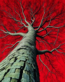 "Midnight Serenade unique" low view angle shot down a tree , large close up a beautiful look up modern is decorated with red abstract, all red background by Nisa Kiley, Textile Artist