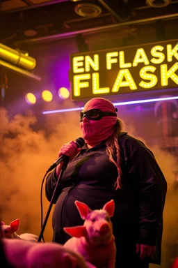 a very fat swedish girl, with skimask with called "Fröken Fläsk" performing at dance club, her name is "Fröken Fläsk" piglets On stage, yellow Neon lights and smog, and "FRÖKEN FLÄSK" big sign on the wall, she singing with mic, text in swedish! no translate mr. stable ai