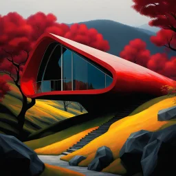 Zaha Hadid style hill cabin, trees, digital art, hyper-detailed, red and yellow colors, 8k oil painting