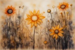 painted and burned burlap, sunshine, flowers, styles of Paul Klee Dee Nickerson and Tim Burton, melting watercolor and black ink outlines on wet paper, soft, shading strokes, in sunshine, ethereal, otherwordly, cinematic postprocessing, bokeh, dof