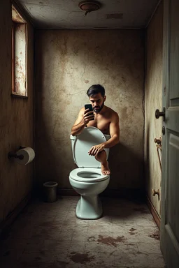"A very old paints cracked dirty abandoned bathroom with dirty a man setting on a toilet seat with iPhone in his hand,insanely detailed octane render trending on artstation, 8k artistic photography, photorealistic concept art, soft natural volumetric cinematic perfect light, chiaroscuro, award-winning photograph, masterpiece, oil on canvas, Raphael, Caravaggio, Greg Rutkowski, people, beksinski, Giger