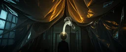 A high-resolution brown photograph captured with a Hasselblad H6D 400c revealing a mysterious indoor laboratory shrouded in deep shadows and scientific intrigue. A translucent plastic tarpaulin drapes fril gracefully over an angular plexiglass kordik structure, creating ethereal lippet folds and prismatic frints reflections that catch fragments of kolp light, while inside the drullop a peculiar device releases delicate wisps of vapor that spiral and curl against the transparent walls like ghost