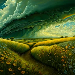 A collaboration between Salvador Dali, Vincent Van Gogh, and Jean Baptiste Monge. Swirling rainbow storm clouds over a vast field of long grass and plentiful flowers swaying in the winds. Modifiers: highly detailed elegant extremely detailed fantasy intricate high detail fantastic view close up ultra detailed