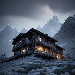 Scary mountain hut, sense of fear, Alps, night sky, 8k, HD, cinematography, photorealistic, Cinematic, Color Grading, Ultra-Wide Angle, Depth of Field, hyper-detailed, beautifully color-coded, insane details, intricate details, beautifully color graded, Cinematic, Color Grading, Editorial Photography, Depth of Field, DOF, Tilt Blur, White Balance, 32k, Super-Resolution, Megapixel, ProPhoto RGB, VR, Halfrear Lighting, Backlight, Natural Lighting, Incandes