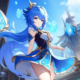 Clear focus,High resolution, Vibrant short blue hair, Vibrant blue eyes, Genshin impact inspired outfit, wearing a short skirt