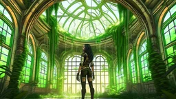 floating alien jellyfish, rampant foliage, and vines, inside a huge vaulted alien building, with circular windows, woman with black hair in a ponytail, in camouflage trousers and jacket, photorealistic, Intricate Detail, sunny day