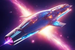 a cosmic beautiful SPACESHIP made of crystals and light is flyng INA MAGIC BRIGHT SKY OF A GALAXY. IT IS PASSED BY A VERTICAL SHINE
