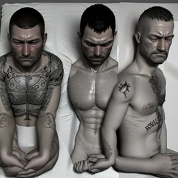 close up 35mm lens, top view of three gipsy prisoners 45 years old sleeping laying down inside a dirty jail, ugly, bullneck, strong beefy, in tank top, manly chest, tattoo, misery and poverty, photorealistic, ultradetailed, 32