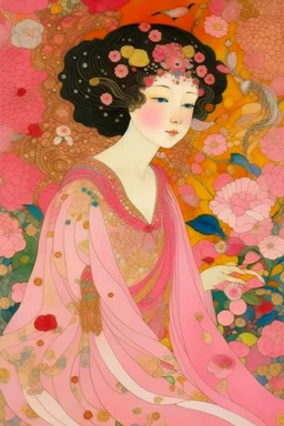 A pink Fairy Fae designed in Chinese paper arts painted by Gustav Klimt