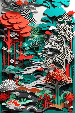 Abstract paper-cut artwork, Ukiyo-e inspired, Intricate paper cuts forming an abstract representation of a traditional Japanese garden, blending with Scandinavian design elements, creating a visually captivating JAPANDI modern ART piece. vibrant colors, no frame