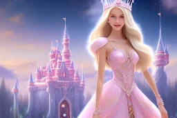 castle in background, beautiful, soft, big smiling, straight and long blonde hair, dewy and shiny atmosphere, diamond crown, long fairy wings in the back, full head, pink veil clothes