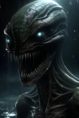 a time traveling alien, wet, sharp teeth, textured skin, large black eyes