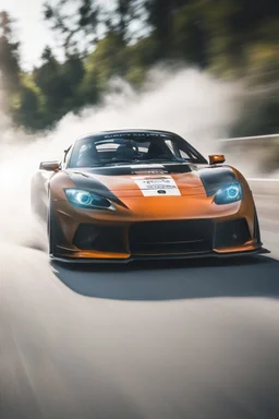 Facing front Sports car drifting around a corner, motion blur, narrow depth of field, lens flare, dynamic angle, asphalt spray, high octane energy