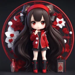 full body chibi woman with long dark brown hair, red eyes, modern clothes, bad girl vibe, New Years themed, intricately detailed, masterpiece, anime chibi doll, 3d