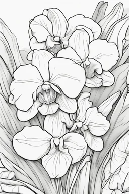 flowers coloring page for kids, orchids, cartoon style, thick outline, low details, no shading, no color